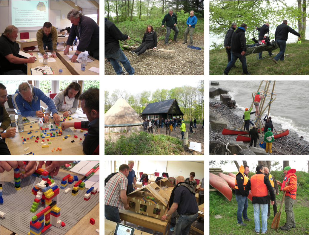 Fotocollage fra Tscherning Academy: undervisning, LEGO-øvelser, samarbejdsopgaver i naturen og kanoer ved vandet.