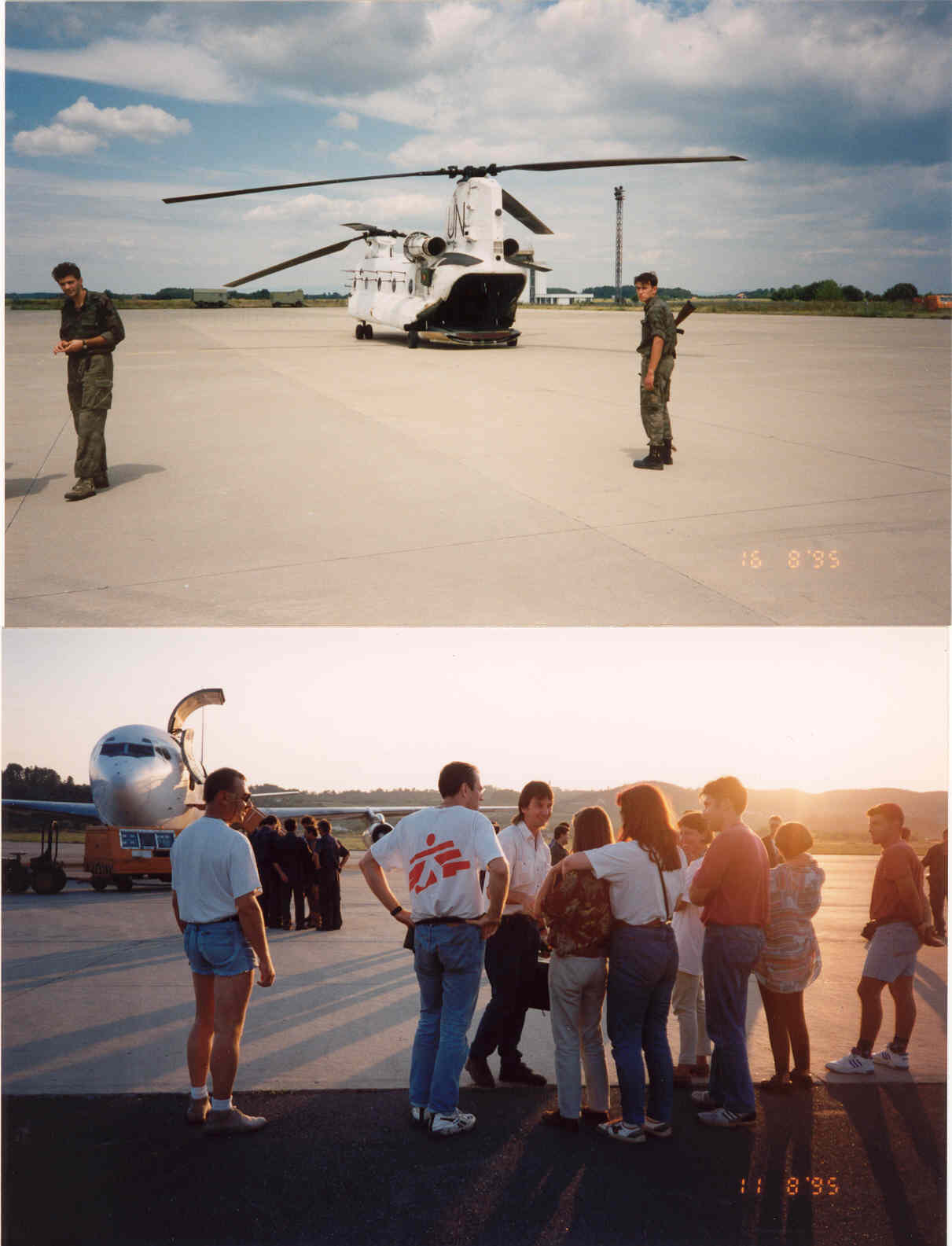 Top: a white UN helicopter with two soldiers at the airfield; bottom: aid workers by a cargo aircraft at sunset