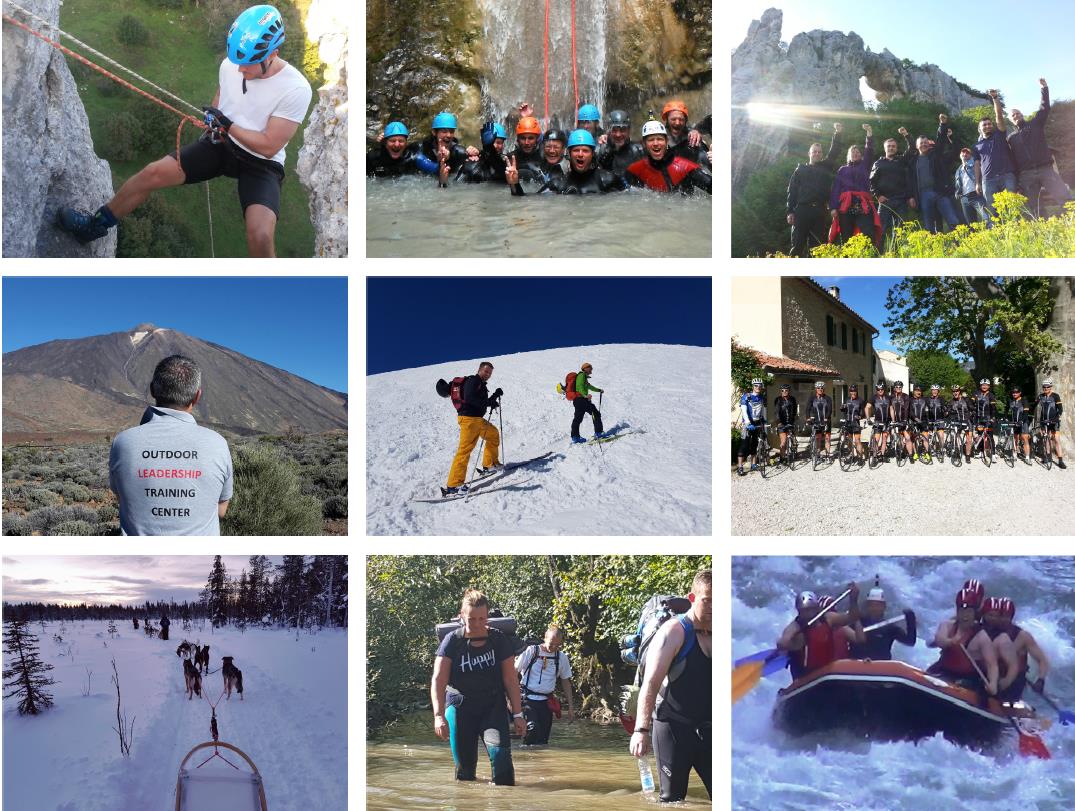 Collage fra OLTC med rappelling, canyoning, bjergvandring, ski, cykling, hundeslæde, trekking og rafting.