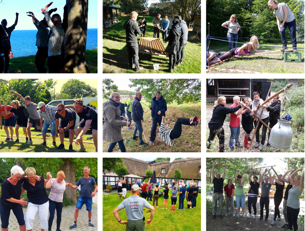 Collage fra teambuilding-dage: hold der løser opgaver sammen udendørs