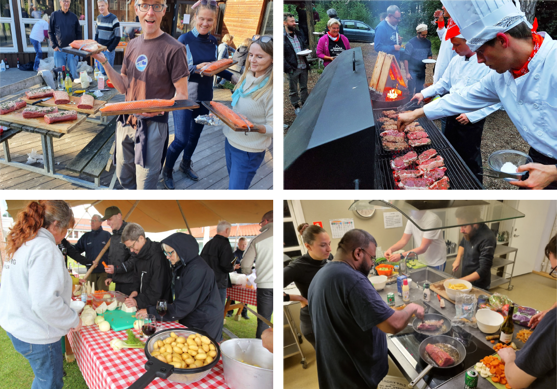 Collage fra mad-teambuilding: hold der laver mad sammen over åben ild
