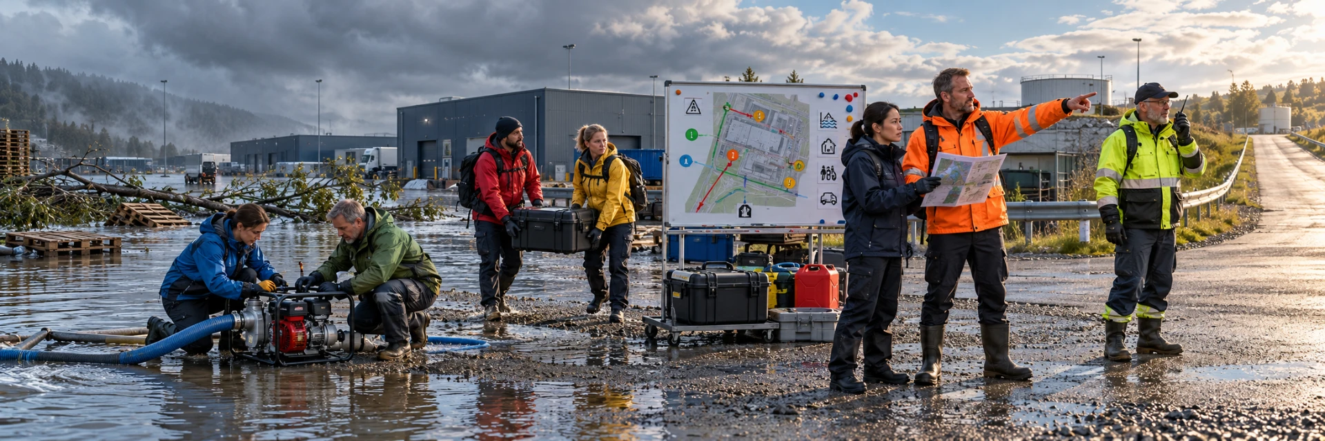A team coordinates its response after heavy rain while a leader indicates the direction using a contingency plan.