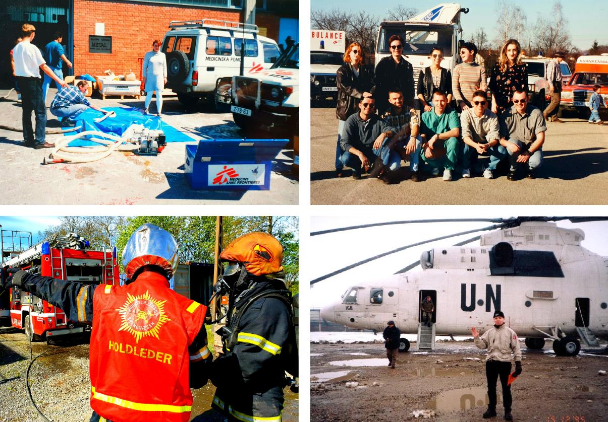 Four images: preparing relief equipment, the DMH team in front of vehicles, a team leader directing a smoke diver and a UN MI-26 helicopter