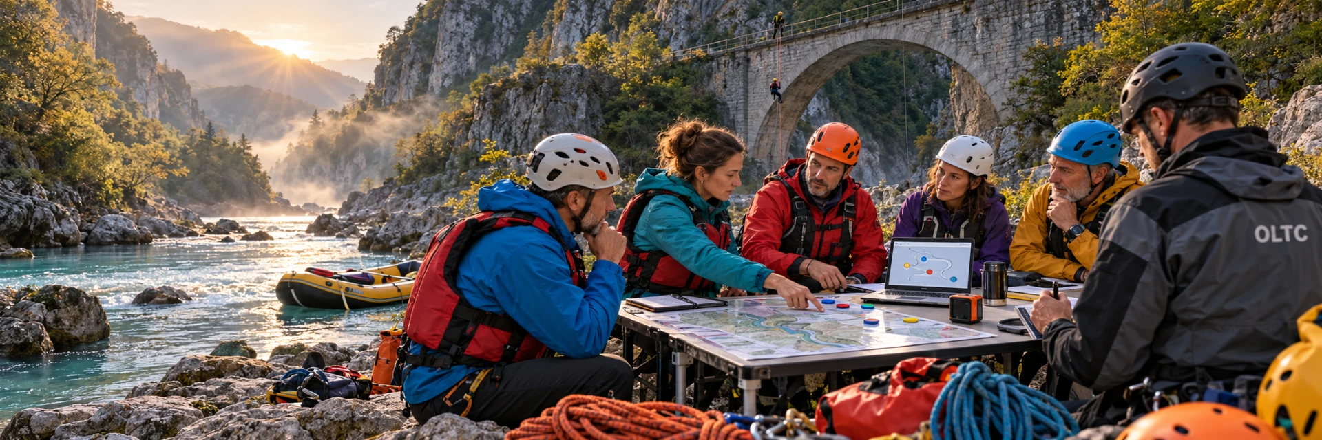 Et lederteam debriefer en outdoor-øvelse med en OLTC-instruktør ved en flodkløft, mens rafting og rappelling ses i baggrunden.