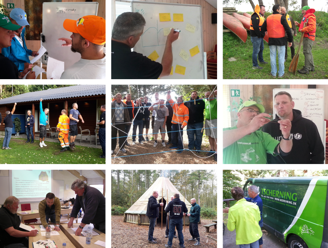 Fotocollage fra ledertræningen hos Tscherning: whiteboard-arbejde, samarbejdsøvelser udendørs og deltagere ved en Tscherning-varevogn.