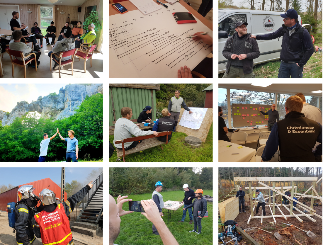 Collage fra Ledelse i praksis: ledere i hands-on opgaver og overnatning i det fri