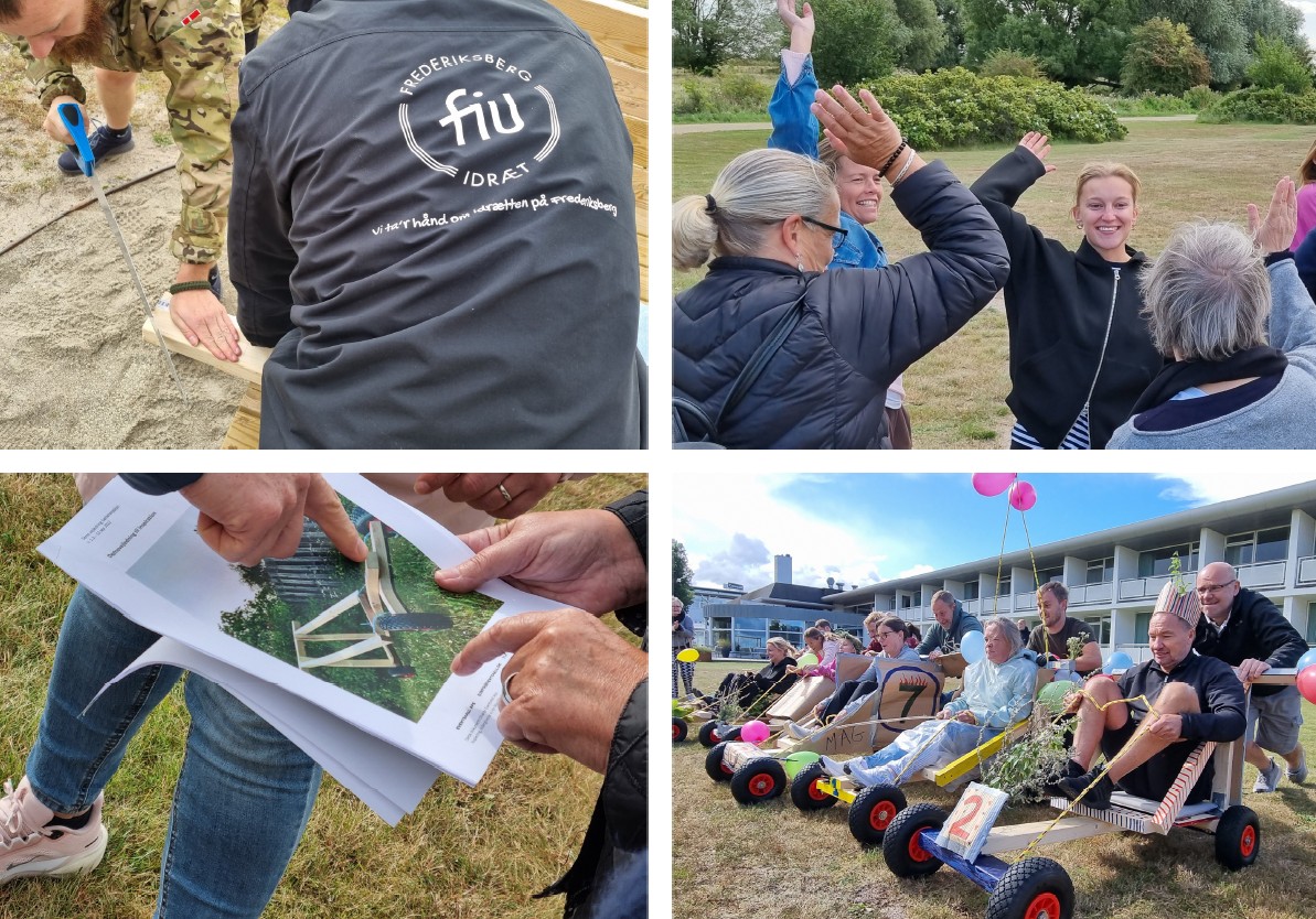 Teamaktiviteter fra FIU team- og temadage: udendørs samarbejdsøvelser, brobygning og Racerløb-aktiviteten