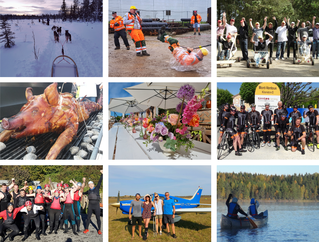 Collage showing the range of company events: dog sledding, canoeing, cycling, rafting and outdoor activities