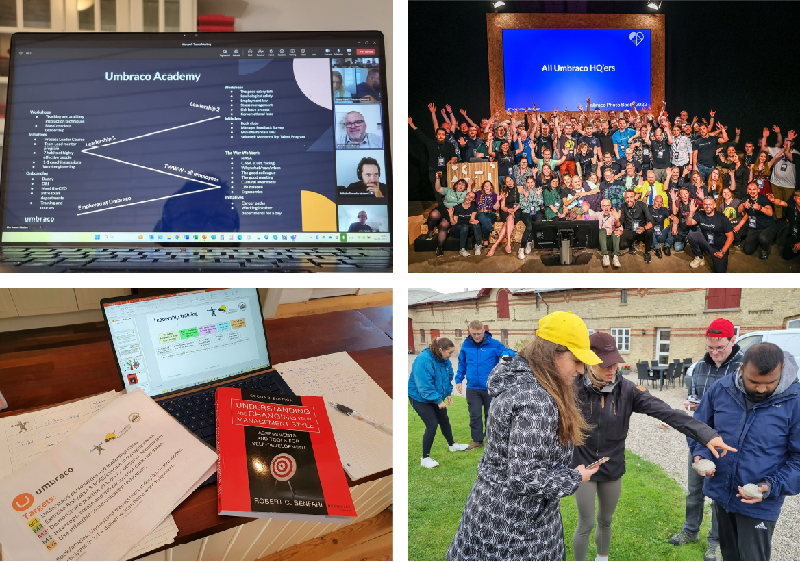 Collage i fire dele: en onlinepræsentation af Umbraco Academy, et stort gruppebillede af Umbraco-medarbejdere på en scene, undervisningsmaterialer med en laptop og en bog om lederstile samt deltagere i en udendørs øvelse.