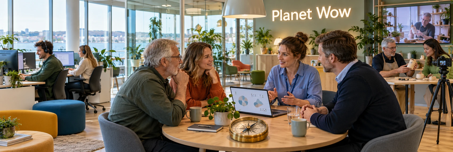 Customers and employees in conversation at Planet Wow, with a compass on the table and customer service and observation in the background.