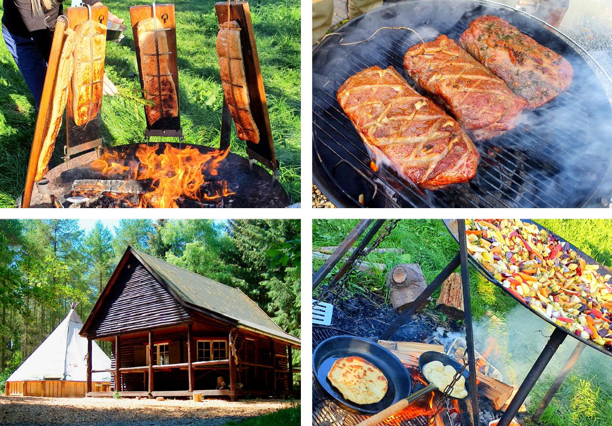Outdoor cooking over open fire: salmon on planks, meat on the grill, vegetables and bread by a forest cabin