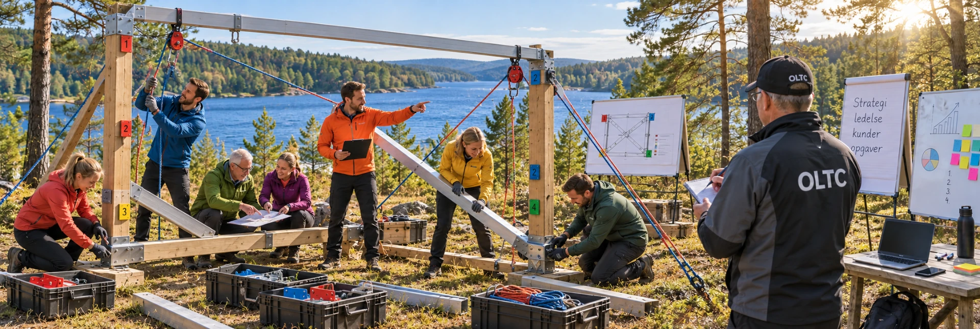 Et lederteam løser en kompleks outdoor-opgave ved en sø, mens en OLTC-instruktør observerer og noterer.