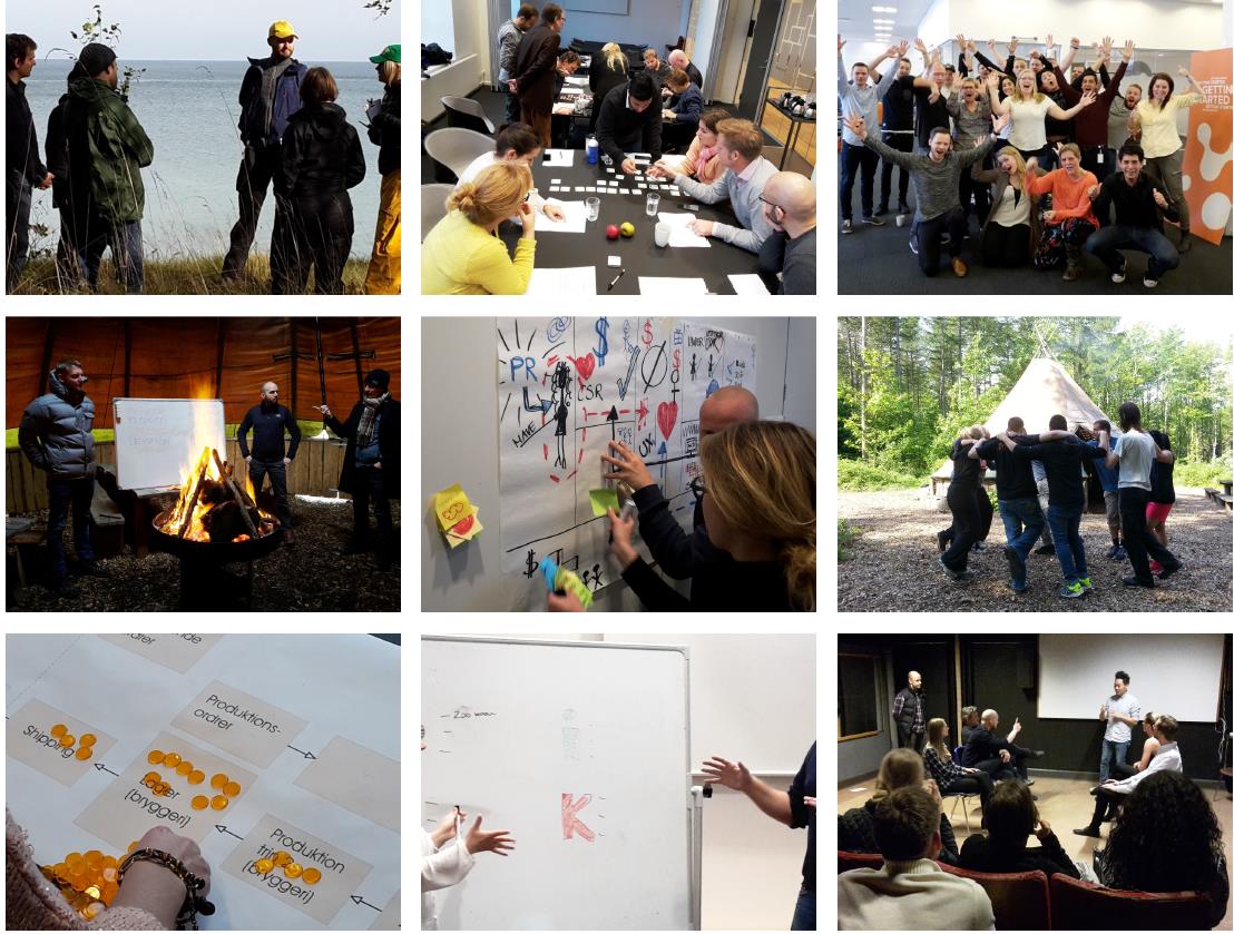 Collage fra lederudviklingsforløb: ledere i træning, workshops og praktiske opgaver