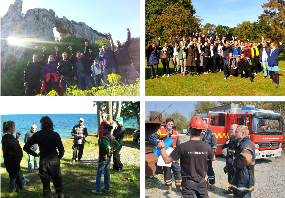 Collage fra teamudviklingsforløb: teams i workshops og praktiske opgaver