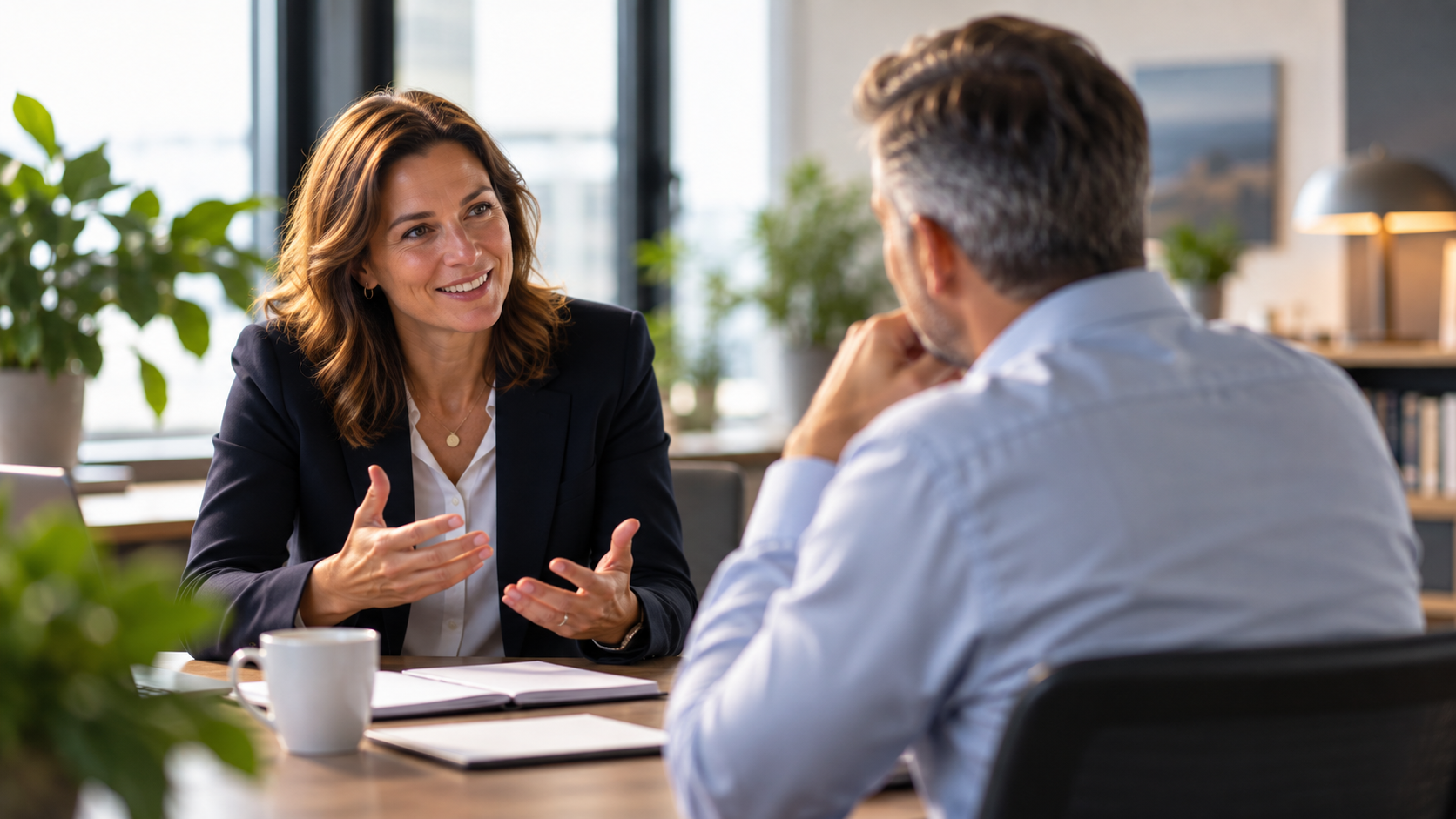A woman and a man in a confidential coaching conversation at a table in a bright office