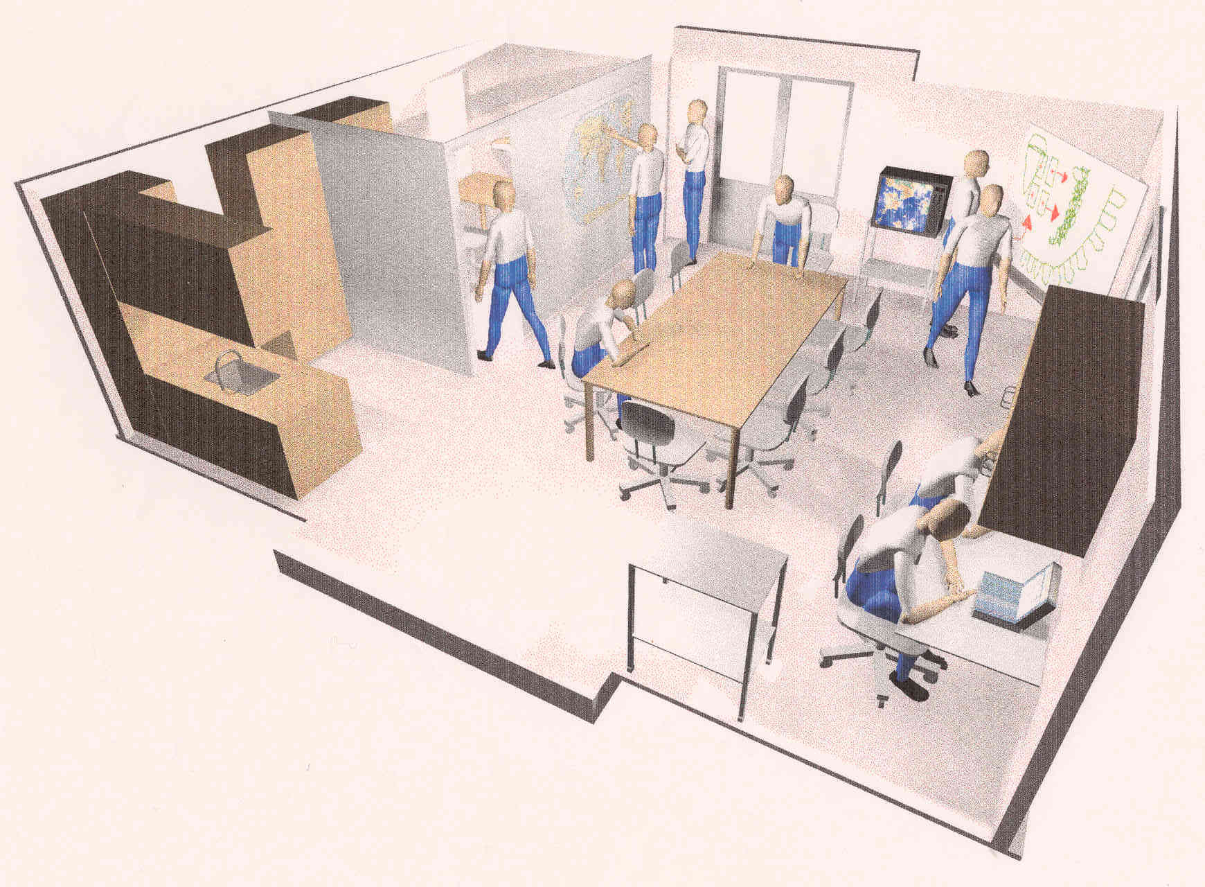 Top-down drawing of a mobile command unit with meeting table, maps, screen and workstations