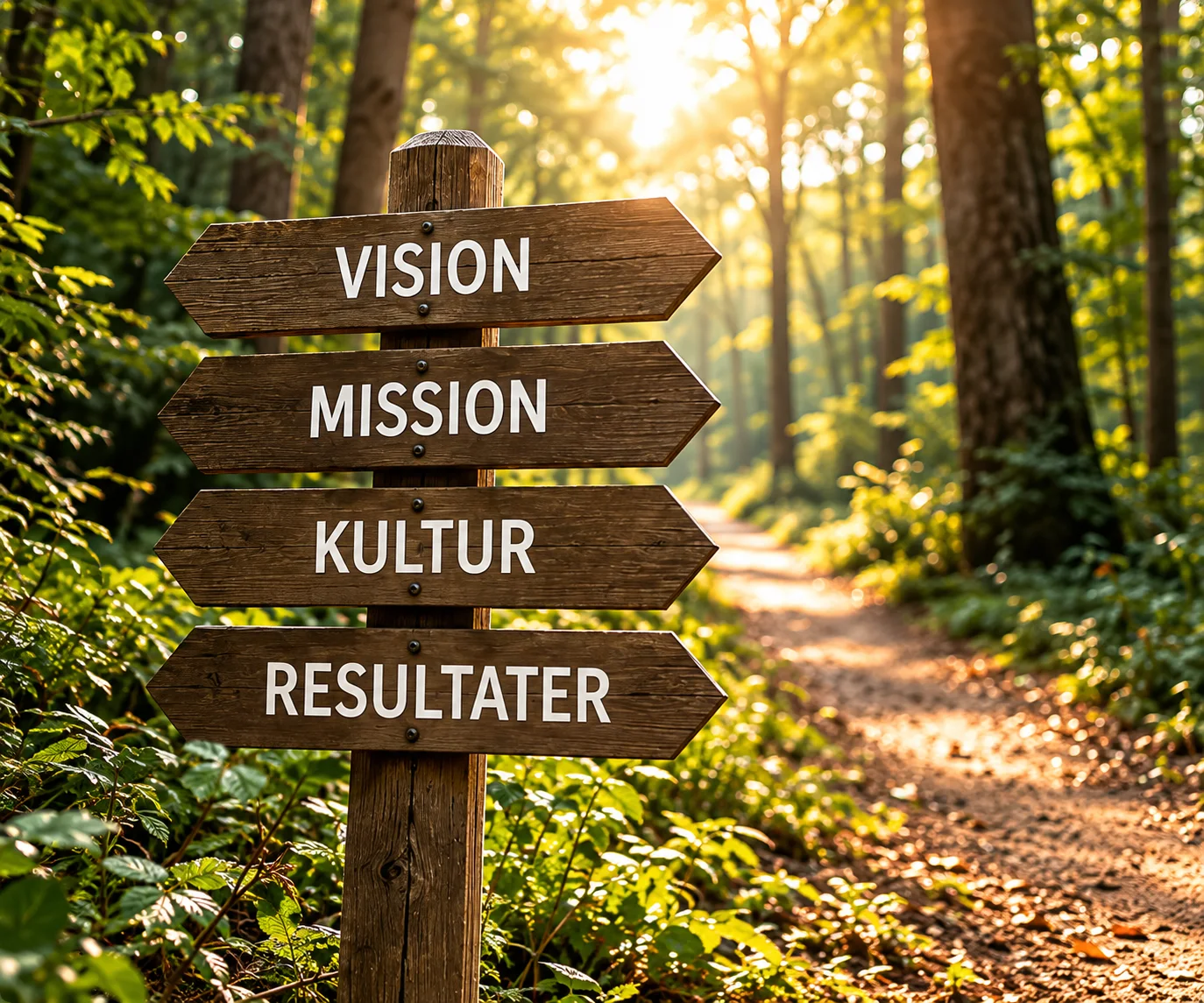 Trævejviser i skov med skiltene Vision, Mission, Kultur og Resultater