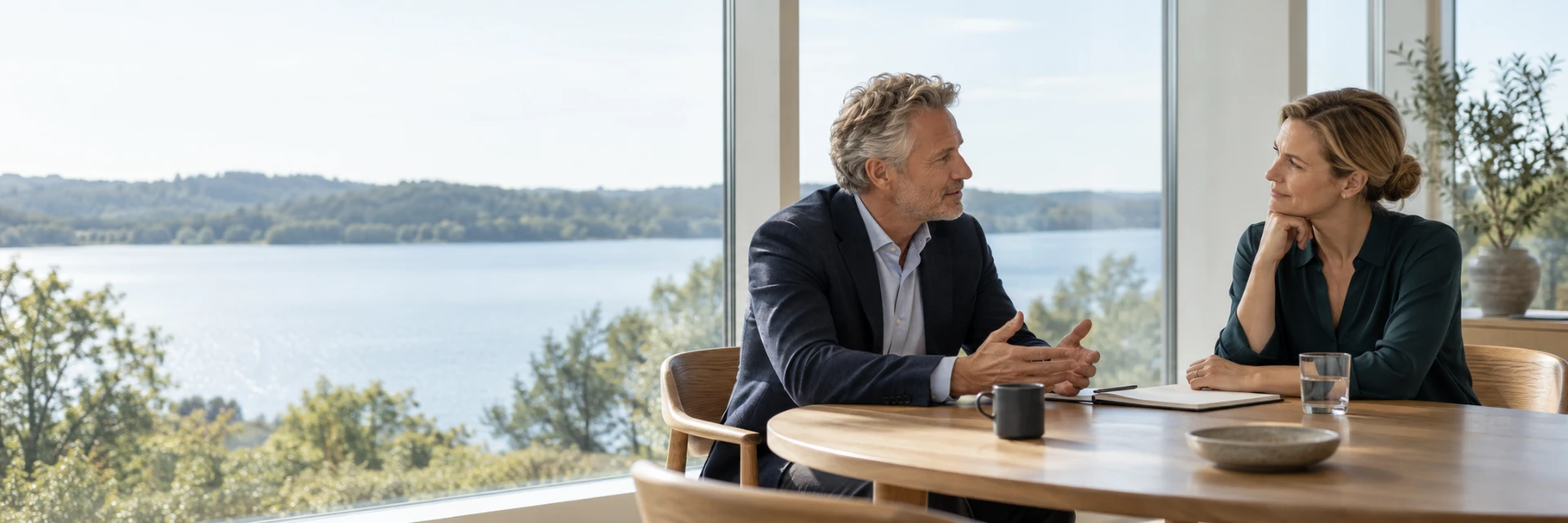 En fortrolig coachingsamtale mellem to erhvervsledere ved et bord med udsigt over en sø.