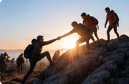 Teammedlemmer hjælper hinanden op ad klipper ved solnedgang