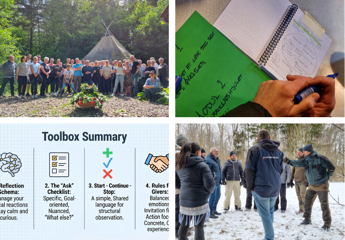Collage fra kulturudviklingsforløb: medarbejdere og ledere i fælles aktiviteter