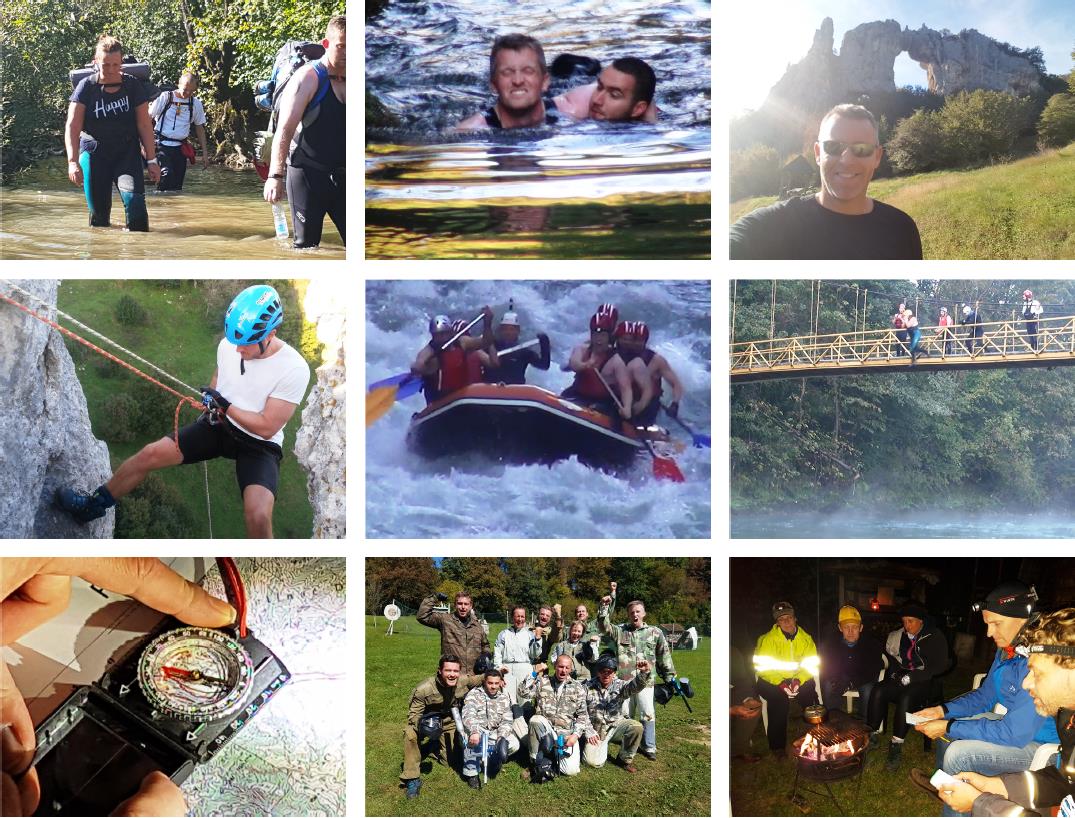 Collage fra OLTC High Performance-træning: teams under fysiske udfordringer i naturen