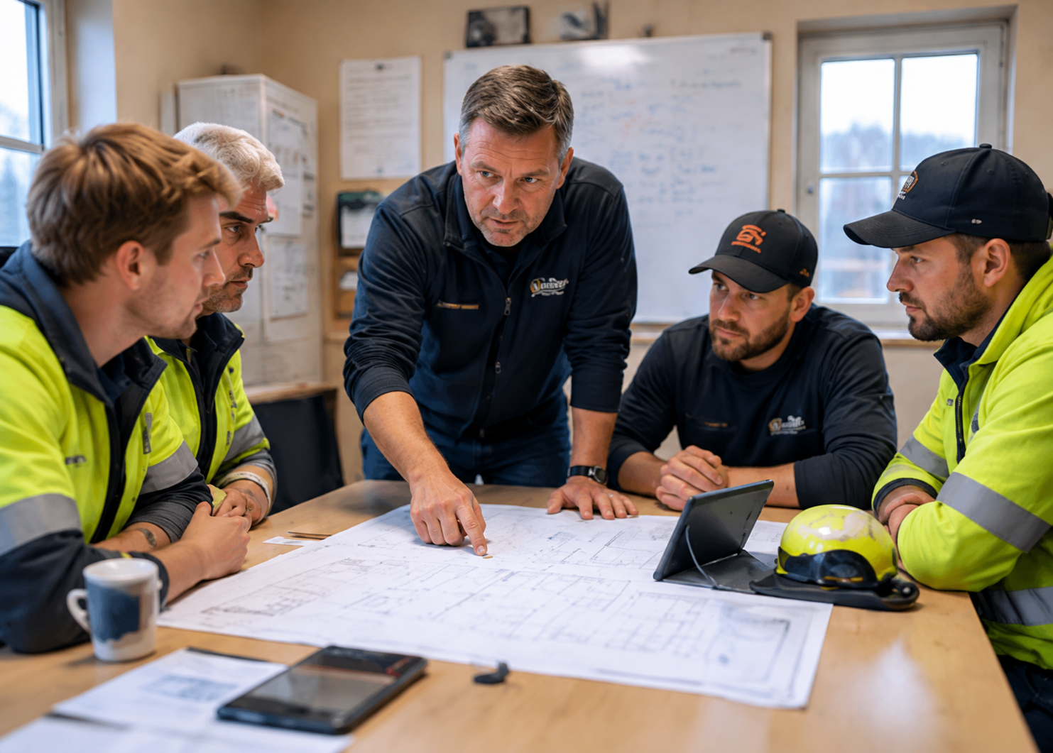 Formand gennemgår tegninger med sit byggehold omkring et bord i skurvognen
